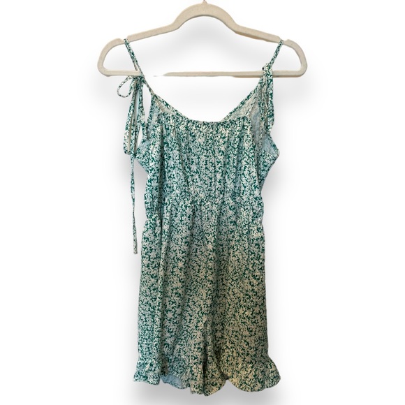ROMWE | Green & White Boho CottageCore Floral Ruffle Romper | Size Medium - Picture 2 of 6